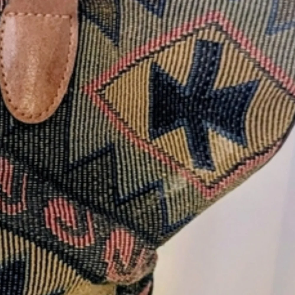 Vintage Tote Bag Southwestern Tapestry Leather Trim Aztec Pattern Boho Style